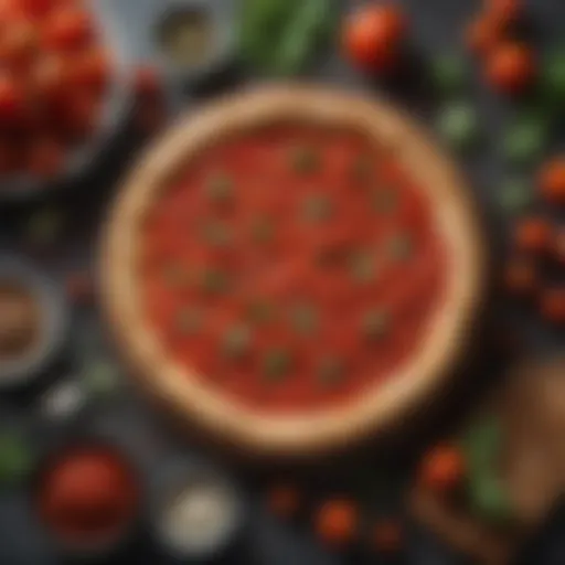 A vibrant spread of fresh tomatoes, herbs, and spices for pizza sauce.