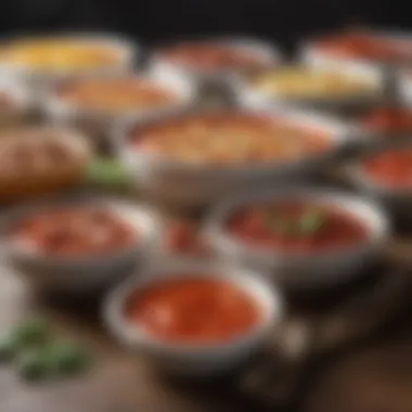 An array of pizza sauce variations displayed in stylish bowls.