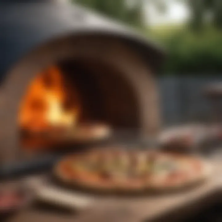 An outdoor pizza oven with a perfect pizza cooking inside.