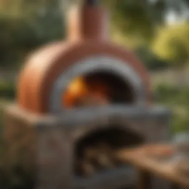 A vibrant outdoor pizza oven surrounded by fresh ingredients