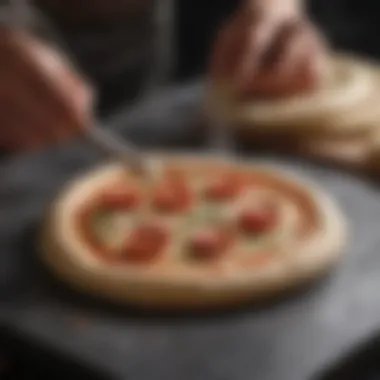 Fresh pizza dough being placed on the hot stone