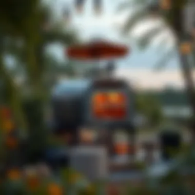 Elegant mobile outdoor pizza oven in a serene garden setting