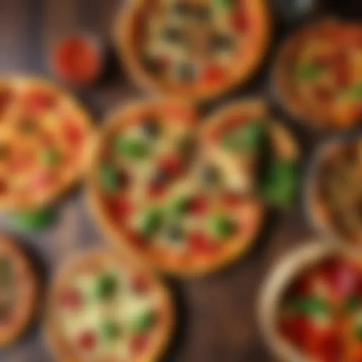 Diverse Pizza Styles An overhead view of a variety of pizza styles served on a rustic wooden table.