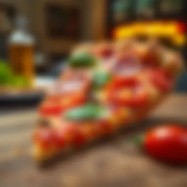 Iconic NYC Pizza Slice A vibrant New York City pizza slice with a crisp crust and fresh toppings.