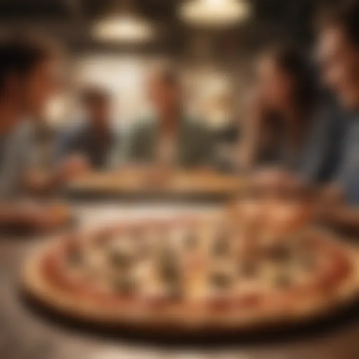 A group of friends enjoying pizza at a vibrant restaurant