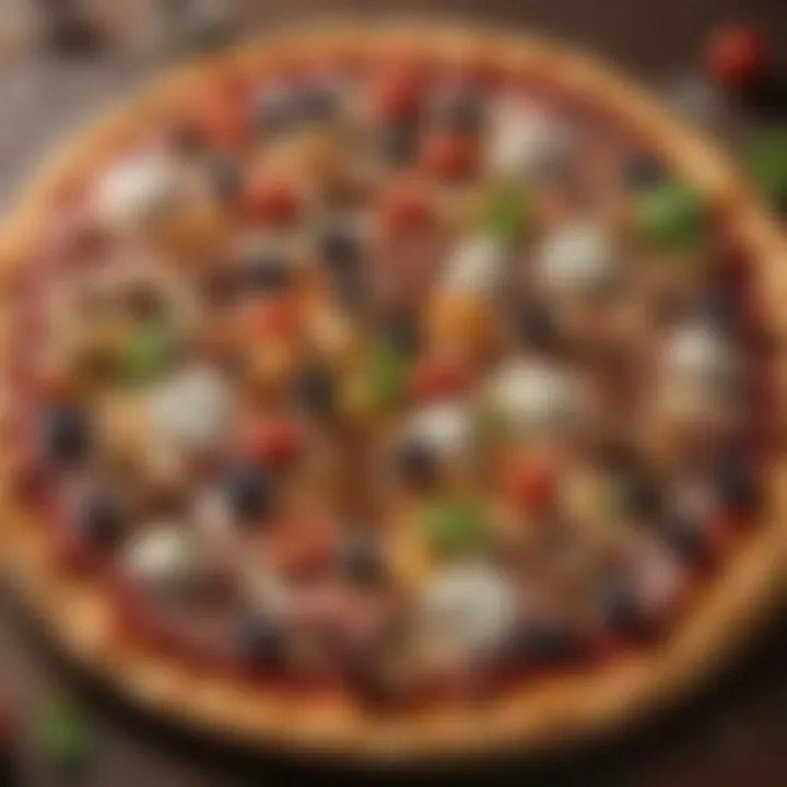 A variety of toppings displayed around a pizza.