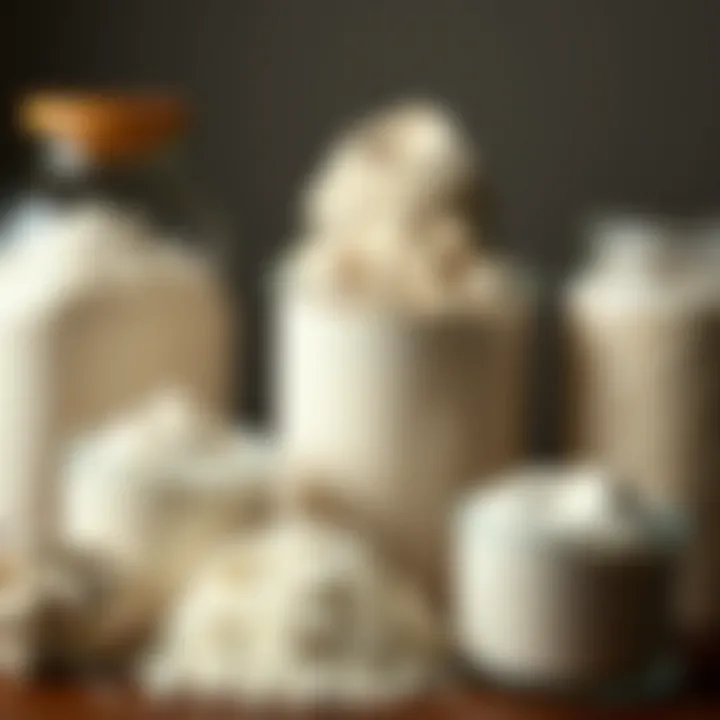 A variety of flour types displayed in clear containers highlighting their unique textures.