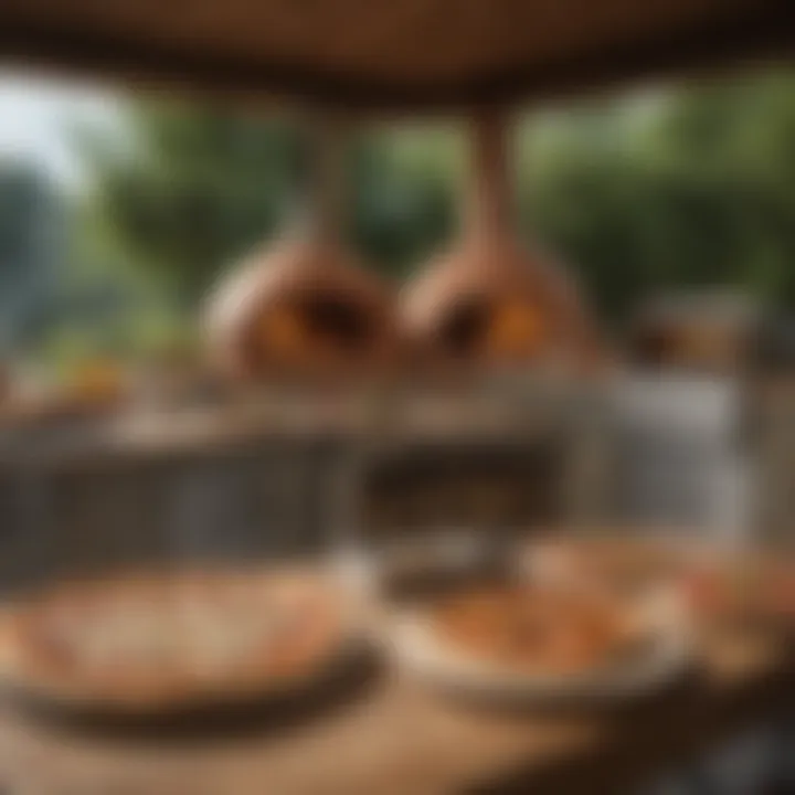 A well-organized outdoor kitchen featuring a pizza oven on an ideal table setup.