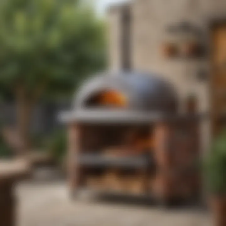 An outdoor pizza oven stand placed strategically on a patio with decorative elements.