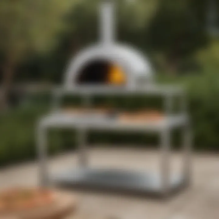 A stylish outdoor pizza oven stand made of stainless steel, showcasing modern design.