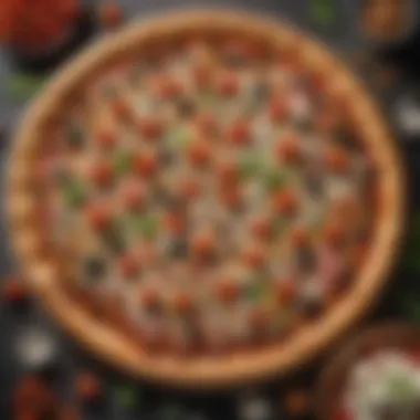 Creative Pizza Toppings Artistic arrangement of assorted pizza toppings on a countertop