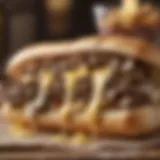 Close-up view of a Philly cheesesteak sandwich oozing with melted cheese.