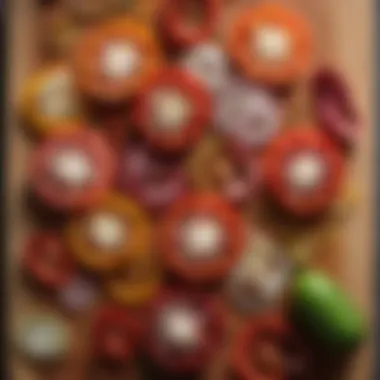 Vibrant Pepper and Onion Slices Freshly sliced peppers and onions on wooden cutting board