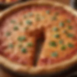 A close-up of Pequod's signature deep dish pizza showcasing its golden crust and rich toppings.