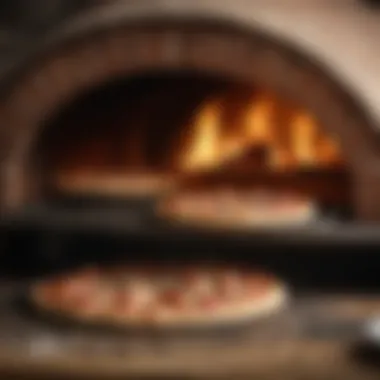 Wood-Fired Pizza Baking Process Wood-fired oven with pizza baking inside