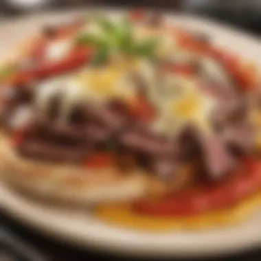 Gourmet Beef and Cheese Fusion Savory shaved beef on a bed of melted cheese and sautéed peppers