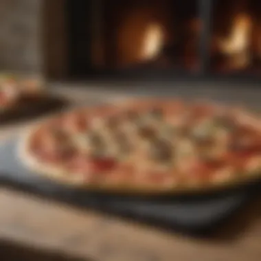 Charred stone board with freshly baked pizza