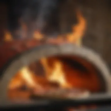 Wood-fired pizza oven with flames dancing around the pizza