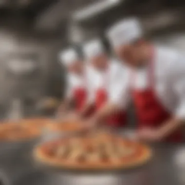 A group of chefs meticulously inspecting pizza quality in a modern restaurant