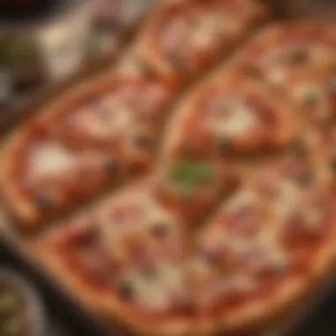 A close-up view of the compartments within the triple box, showcasing diverse pizza styles.