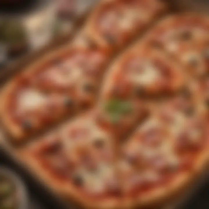 A close-up view of the compartments within the triple box, showcasing diverse pizza styles.