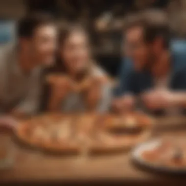 Group of friends enjoying pizza from the triple box, emphasizing social dining.