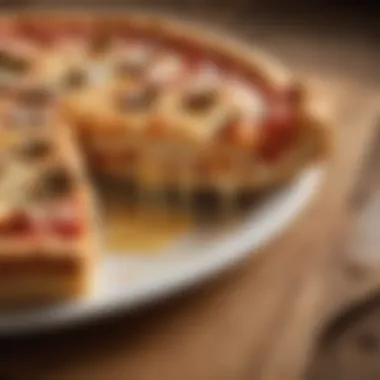 A beautifully plated slice of deep dish cheese pizza, revealing its layers of cheese and toppings