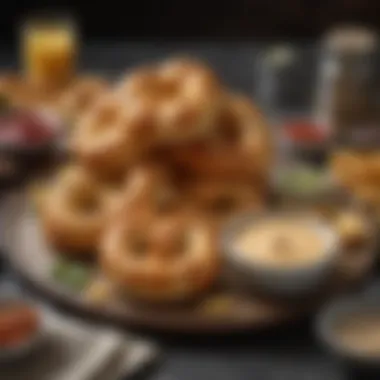 A delicious plate of soft pretzels served with an array of dips and sauces