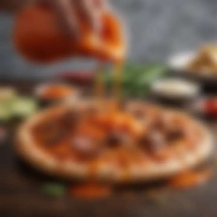Premium buffalo sauce being delicately drizzled over gourmet toppings