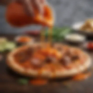 The Elegance of Buffalo Sauce Infusion Premium buffalo sauce being delicately drizzled over gourmet toppings