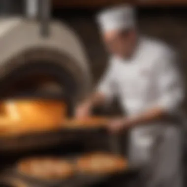 Chef checking the crispiness of a pizza crust in a propane brick oven