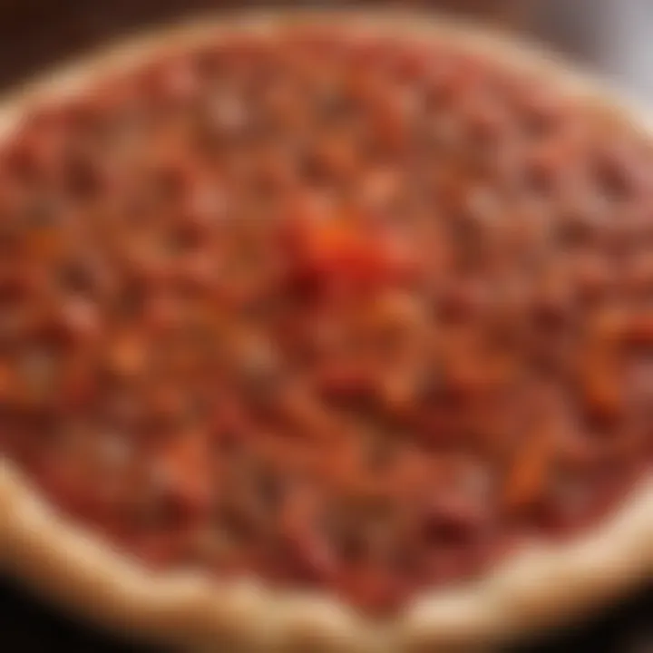 Close-up of red pepper flakes sprinkled over a freshly baked red pepper pizza