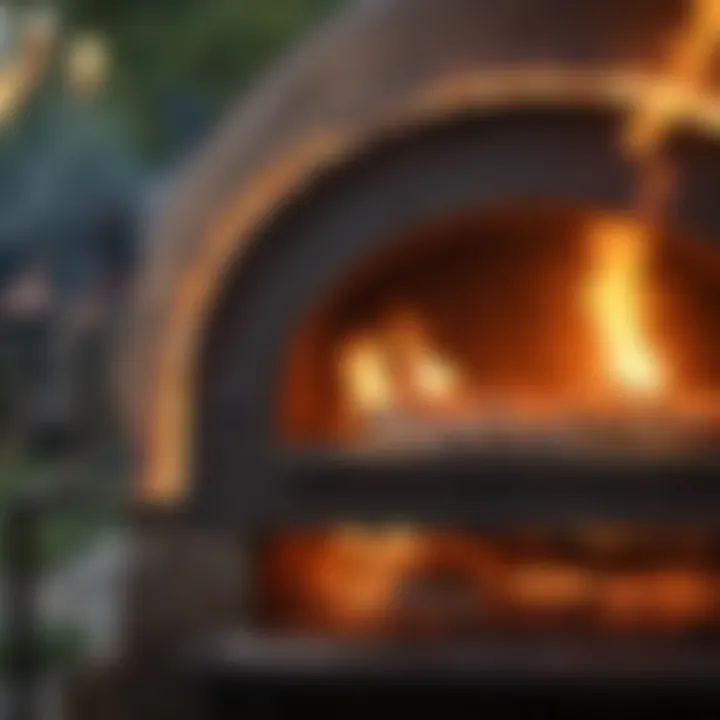 Wood-fired pizza oven with flames dancing around