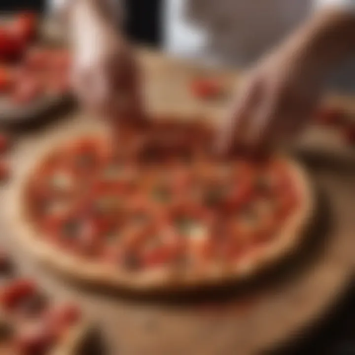 A chef's hand delicately placing roasted red pepper slices on a pizza