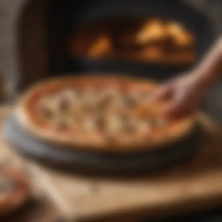 Wooden paddle placing pizza on rockcrok pizza stone in oven