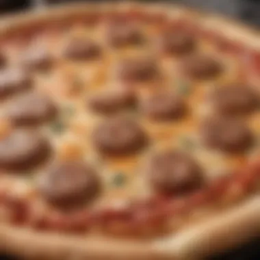 A close-up of freshly baked sausage crust pizza highlighting the savory sausage and cheese blend