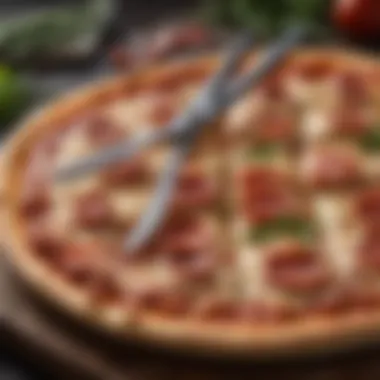 A close-up of scissors on a freshly baked pizza, highlighting the unusual method