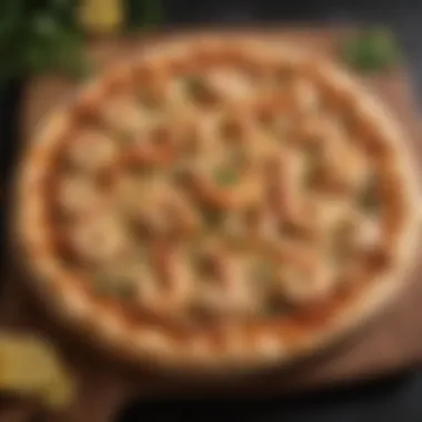 Elevated Gourmet Shrimp Scampi Pizza Gourmet shrimp scampi pizza on a wooden board