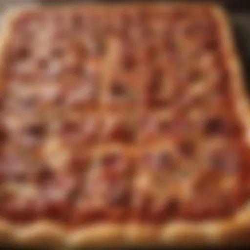 A close-up view of a traditional Sicilian pizza showcasing its thick crust and toppings.