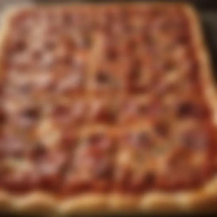 A close-up view of a traditional Sicilian pizza showcasing its thick crust and toppings.