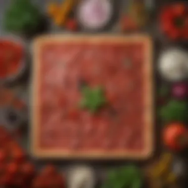 An array of fresh ingredients commonly used in Sicilian pizza preparation, including tomatoes, olives, and herbs.