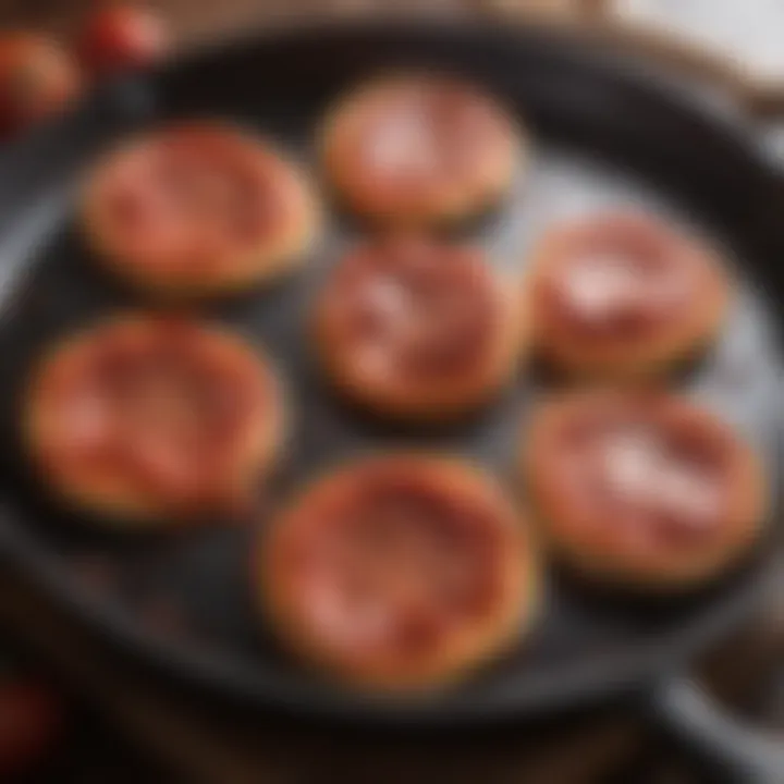 Sizzling pepperoni slices on a hot cast iron skillet