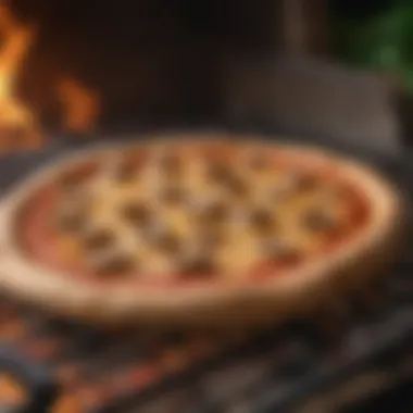 Sizzling pizza dough in outdoor oven