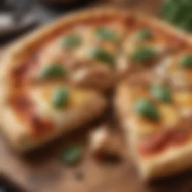 Served Slice of Keto Chicken Pizza Slice of keto chicken pizza served on a rustic wooden board