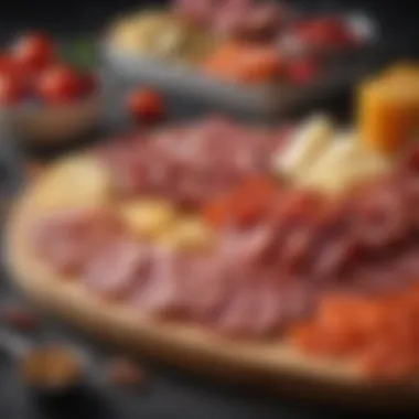 Exquisite charcuterie board featuring sliced pepperoni with assorted cheeses and fruits