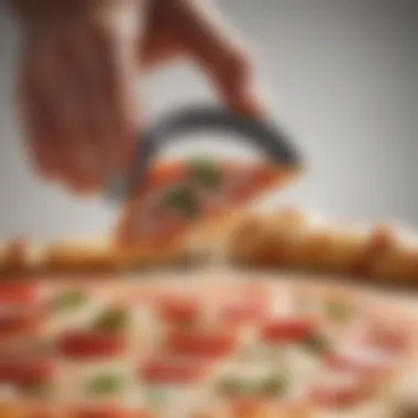 Close-up of a pizza cutter slicing through a fresh pizza.