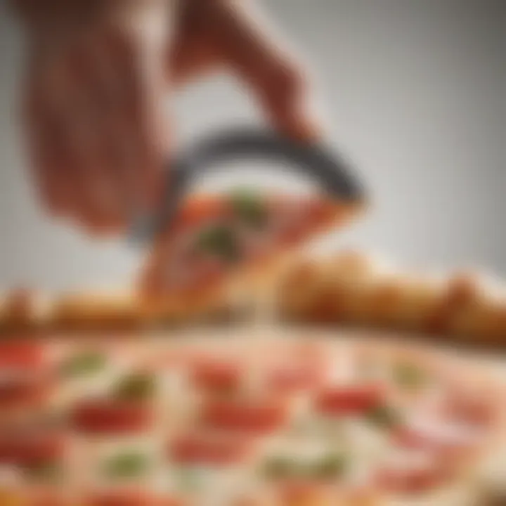 Close-up of a pizza cutter slicing through a fresh pizza.