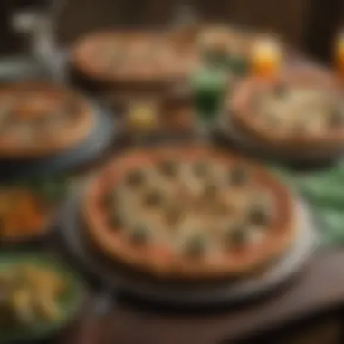 A festive table setting featuring St. Patrick's Day themed pizzas alongside decorations.
