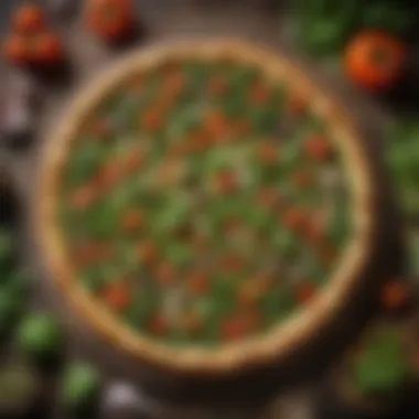A vibrant pizza adorned with green pesto and seasonal vegetables.