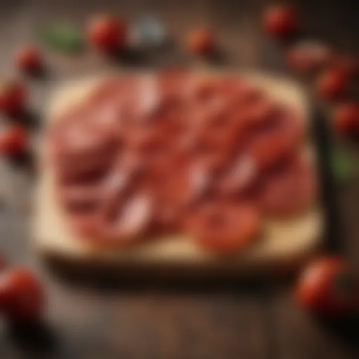 An artistic representation of pepperoni slices arranged on a wooden board.